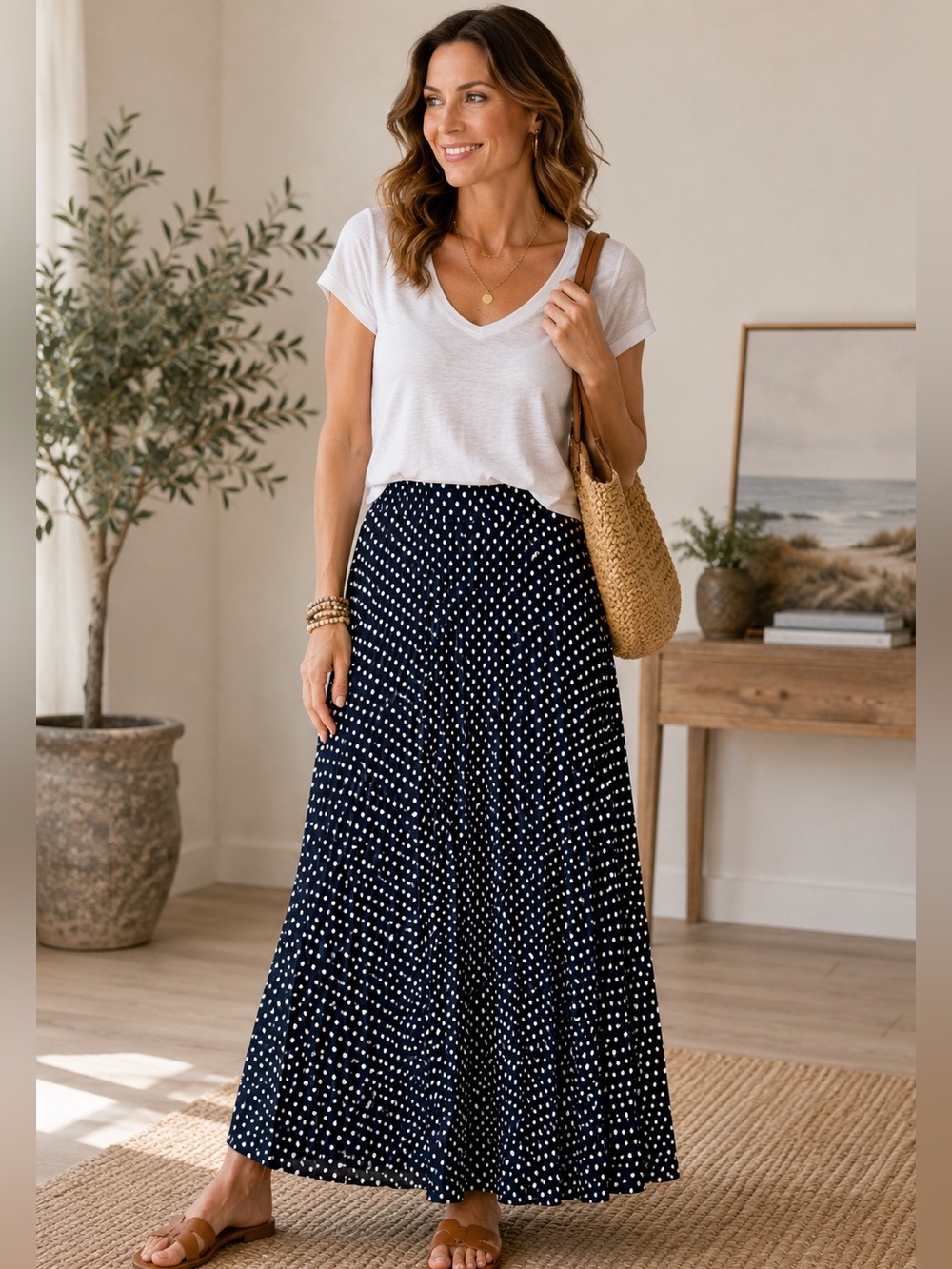 Max Editions Navy Polka Dot Flowy Maxi Skirt Elastic Waist M